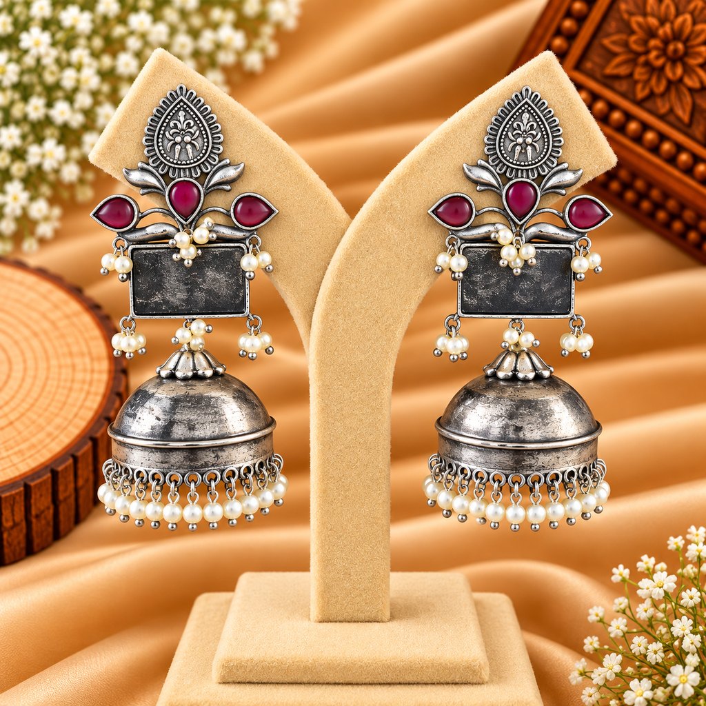 Ruby Pink & Black Stone Silver-Tone Jhumka Earrings