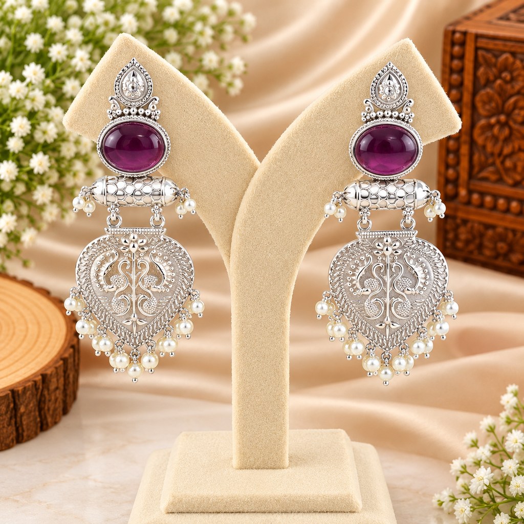 Purple Stone Silver-Tone Peacock Earrings
