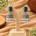 Green Stone Silver-Tone Jhumka Earrings