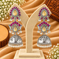 Ruby Pink & Yellow Stone Silver-Tone Jhumka Earrings