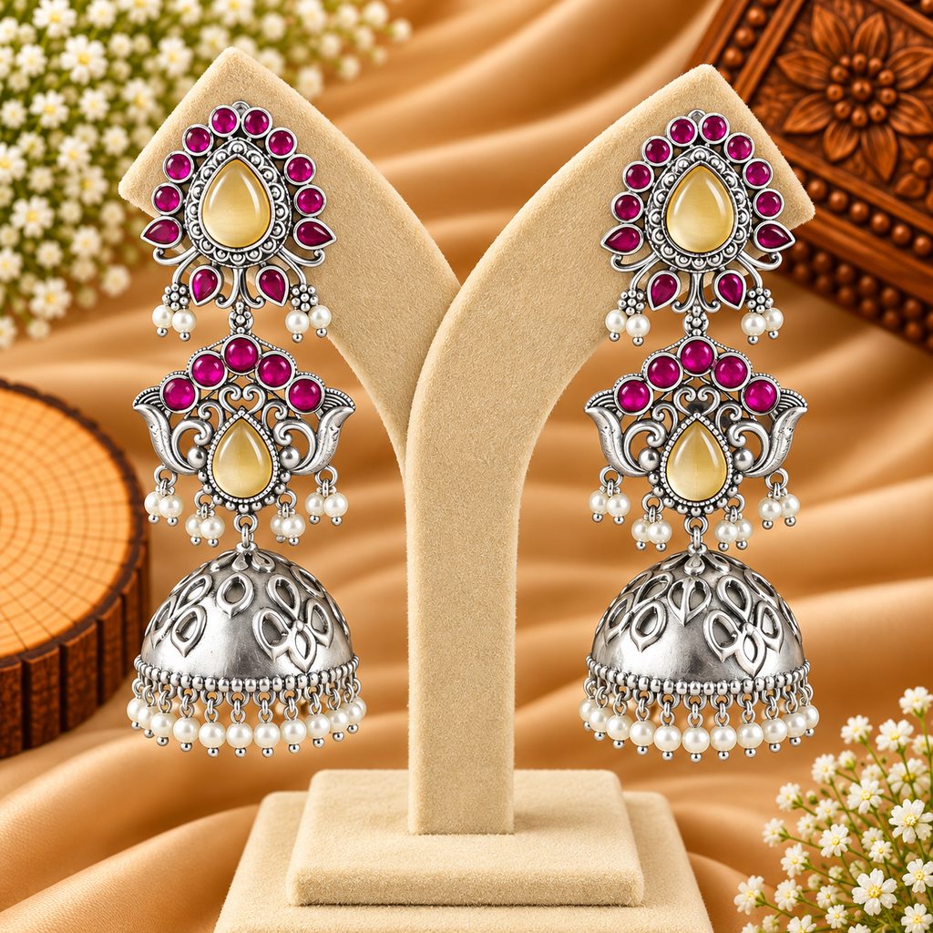Ruby Pink & Yellow Stone Silver-Tone Jhumka Earrings