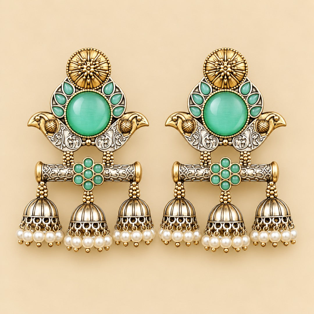 Mint Green Stone Gold-Tone Jhumka Earrings