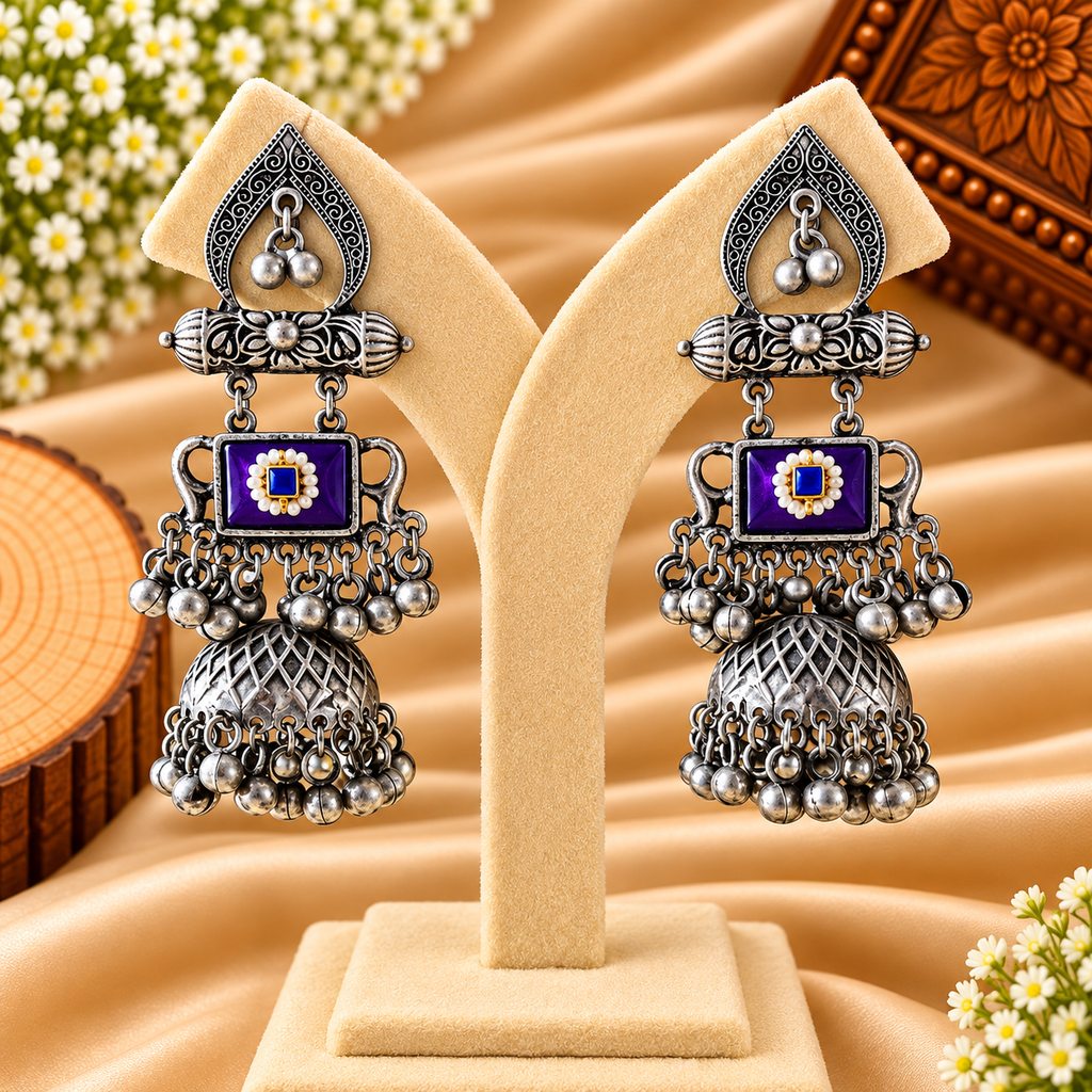 Purple Stone Silver-Tone Tribal Jhumka Earrings