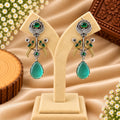 Green Stone Silver-Tone Long Drop Earrings