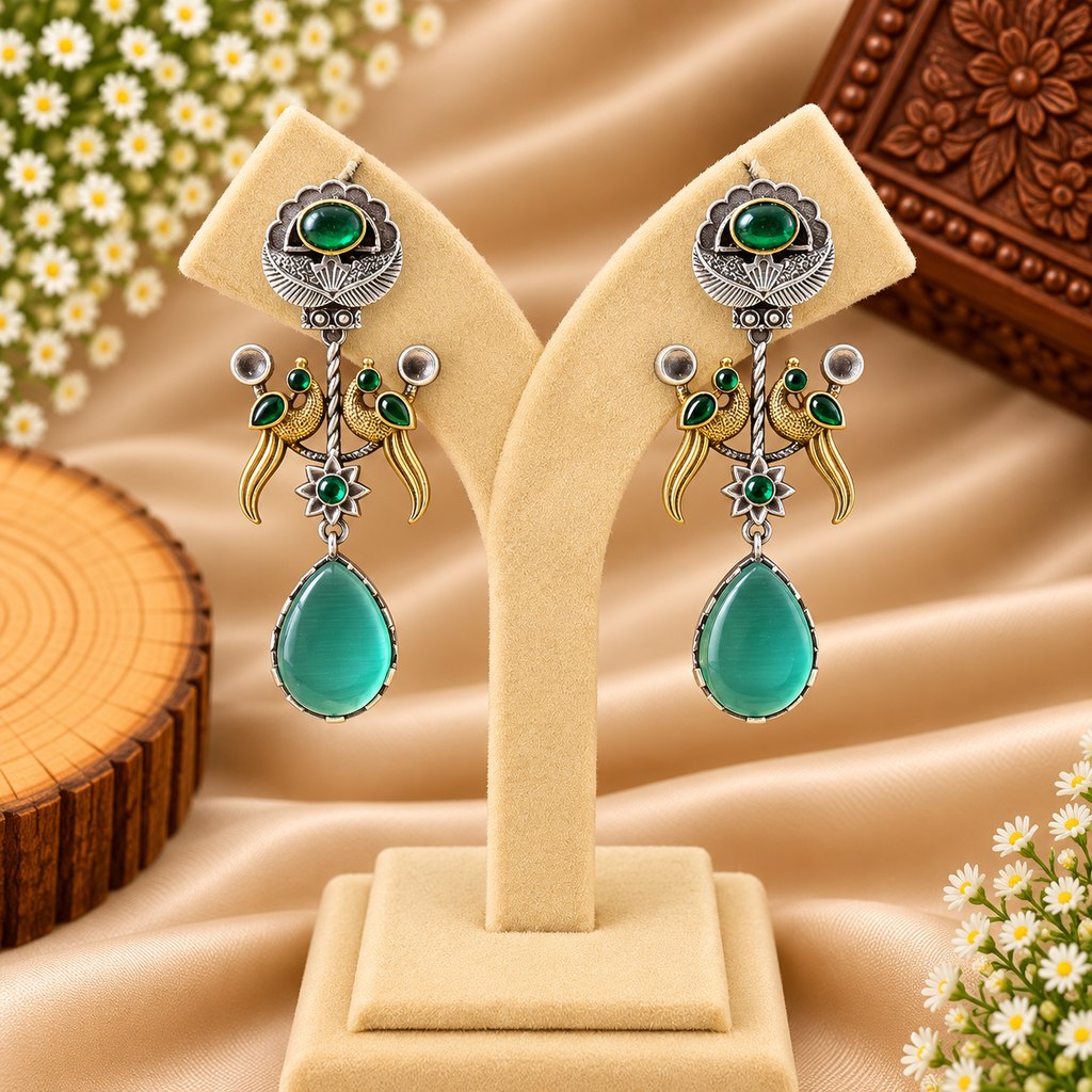 Green Stone Silver-Tone Long Drop Earrings