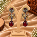 Ruby Red Stone Silver-Tone Long Drop Earrings