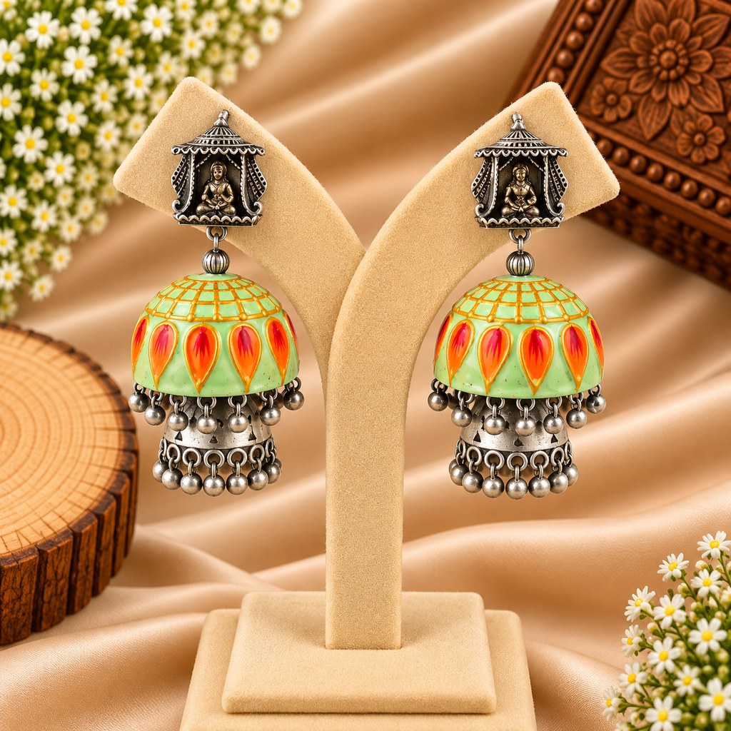 Green & Orange Dome Jhumka Earrings