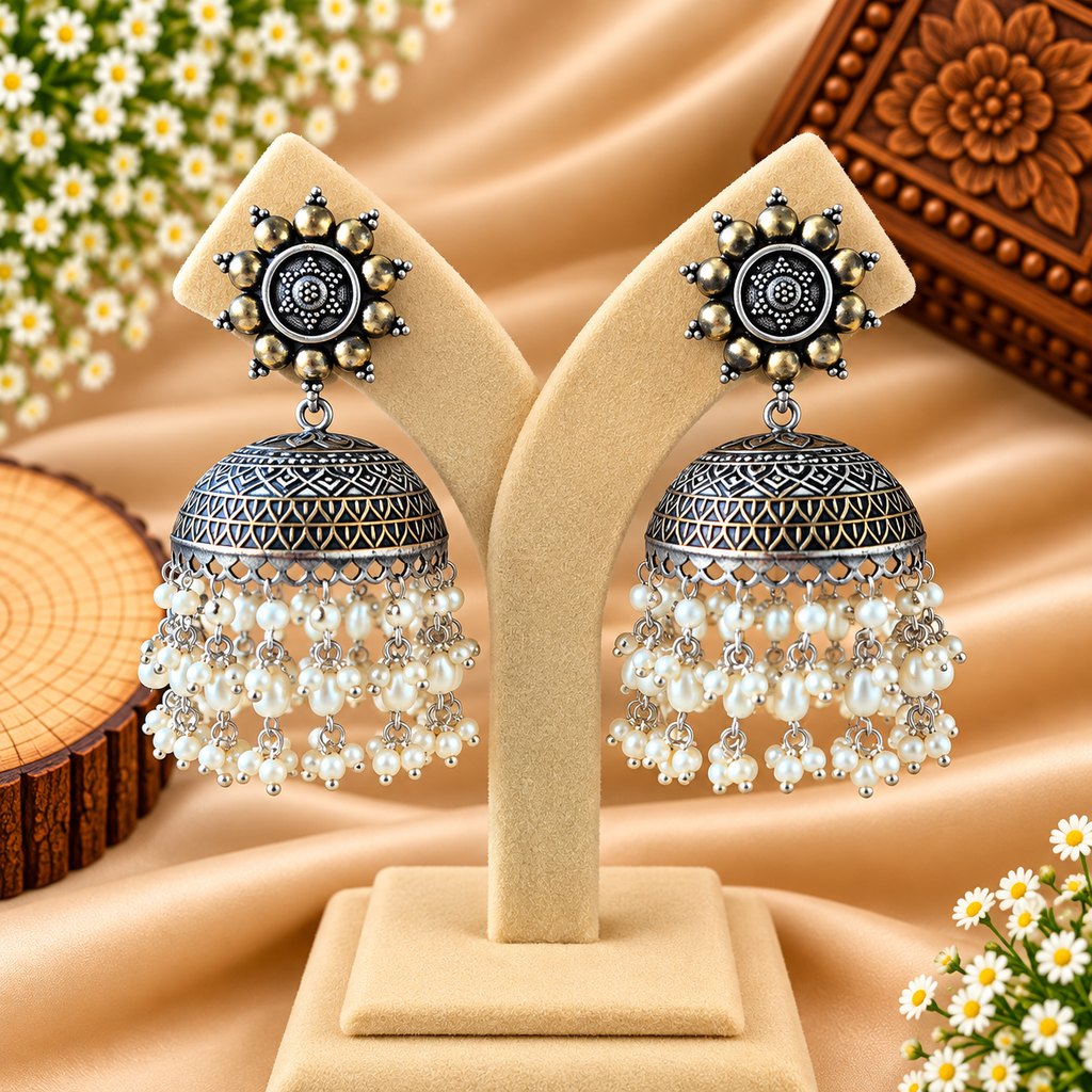 Silver-Tone Pearl Cascade Jhumka Earrings