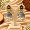 Gold-Tone Green Stone Pearl Jhumka Earrings