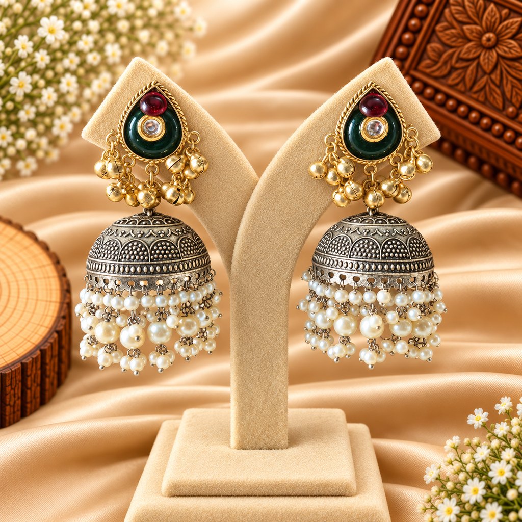 Gold-Tone Green Stone Pearl Jhumka Earrings