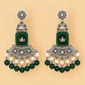 Green Stone Silver-Tone Statement Earrings