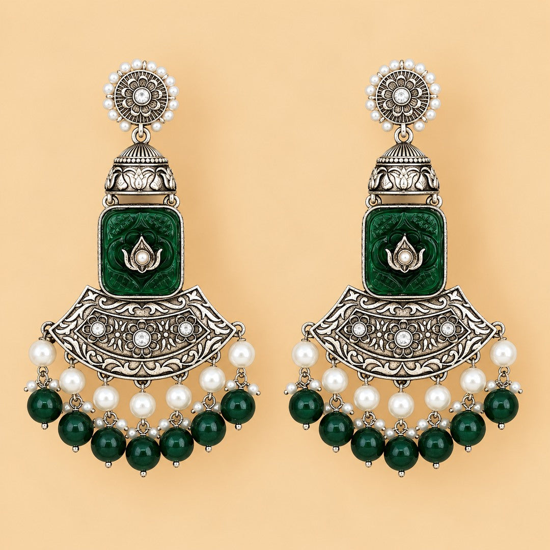Green Stone Silver-Tone Statement Earrings