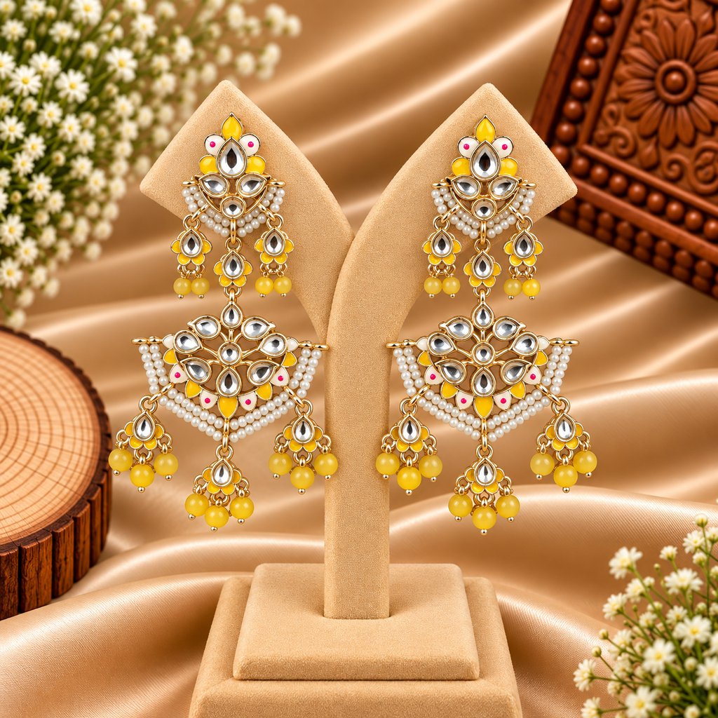 Yellow Gold-Tone Kundan Long Earrings