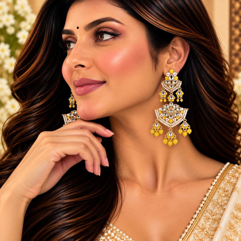 Yelllow Gold-Tone Kundan Long Earrings
