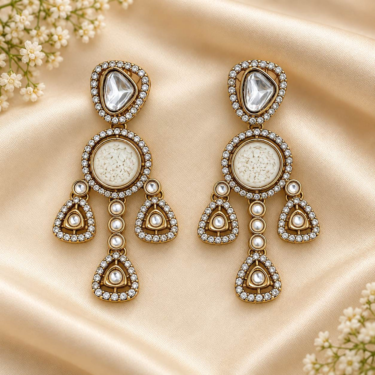 White Kundan Statement Drop Earrings
