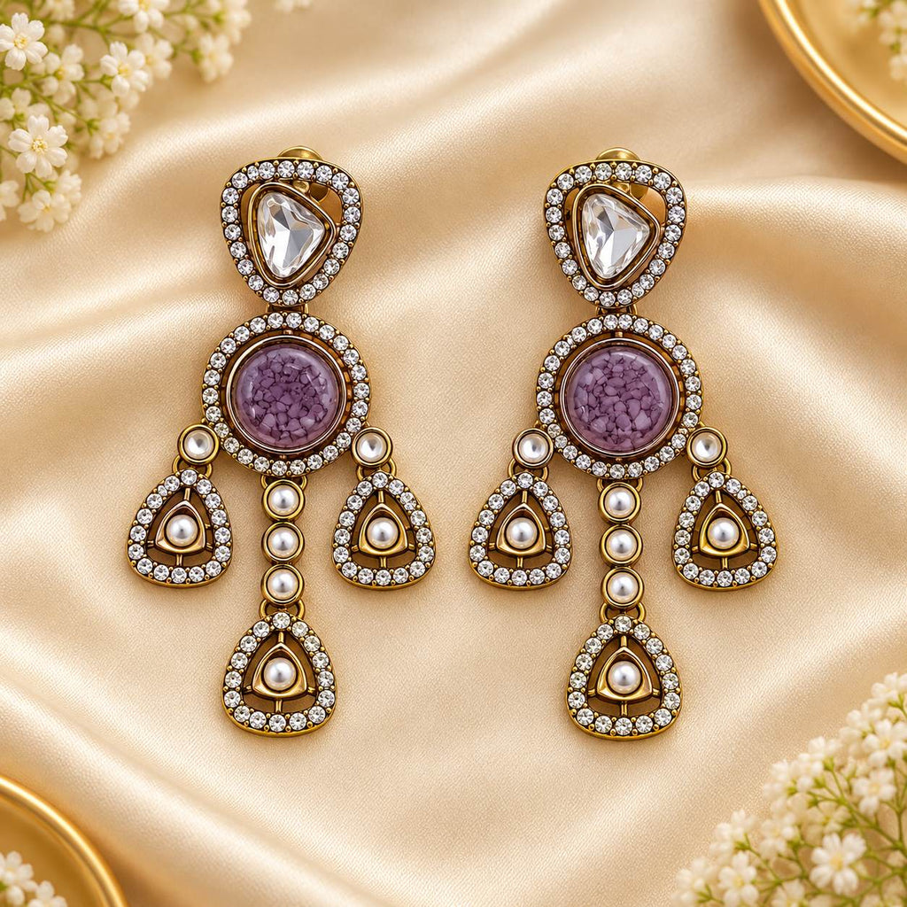 Purple Kundan Statement Drop Earrings