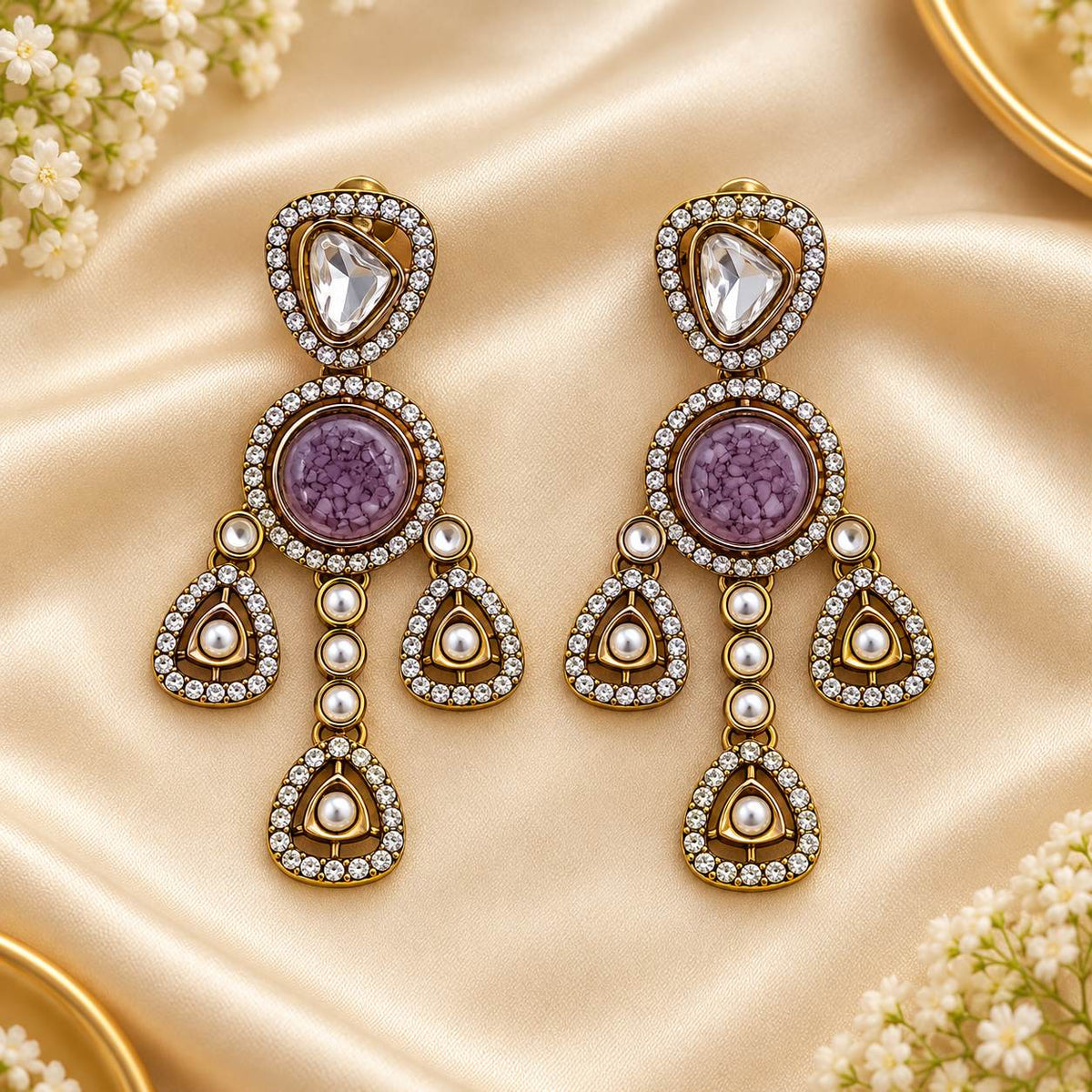 Purple Kundan Statement Drop Earrings