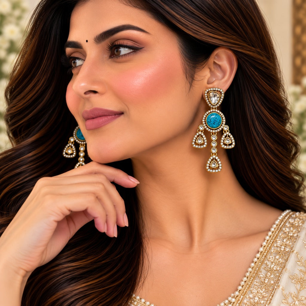 Blue Kundan Statement Drop Earrings