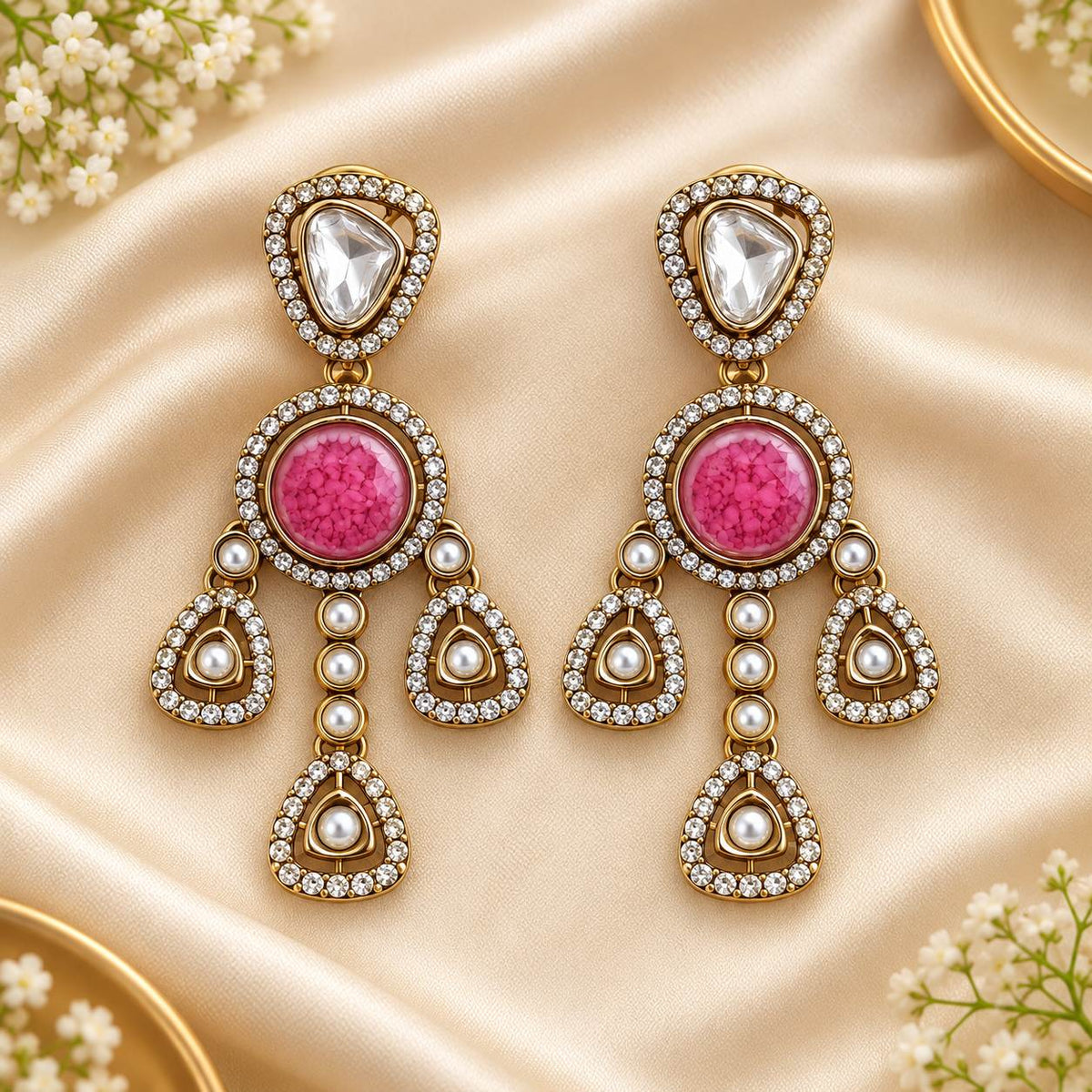 Pink Kundan Statement Drop Earrings