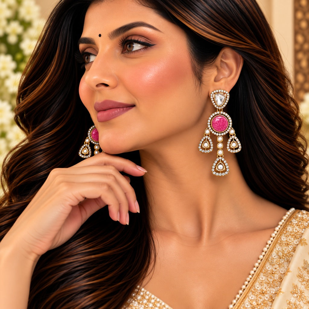 Pink Kundan Statement Drop Earrings