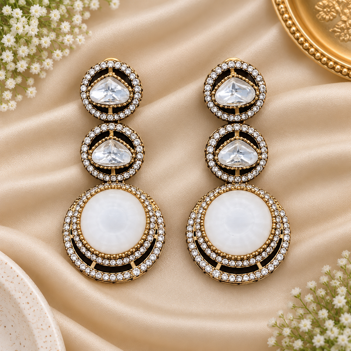 White Stone Circular Statement Earrings