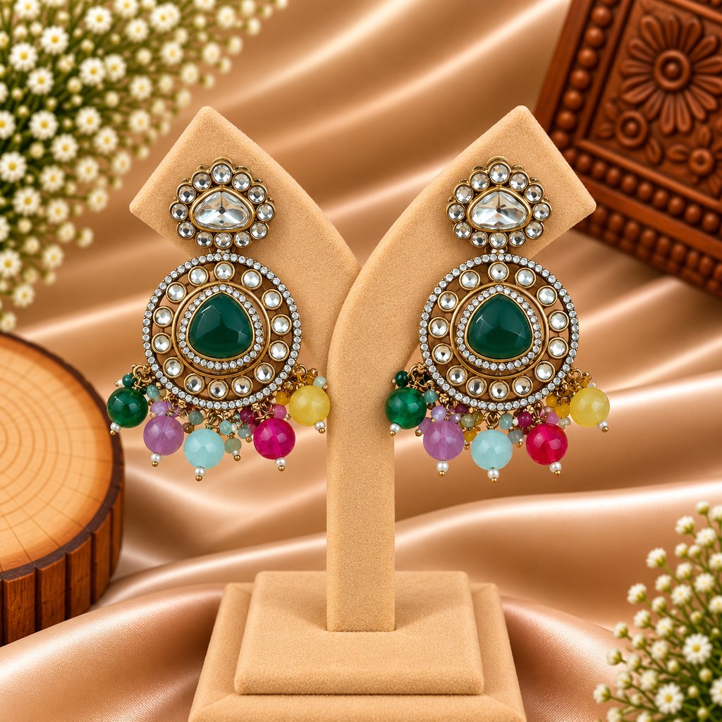 Green & Multicolor Beaded Earrings