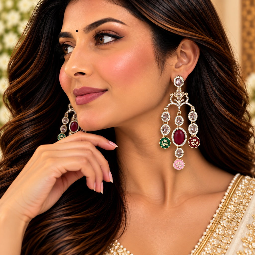 Pink & Multicolor Stone Long Earrings