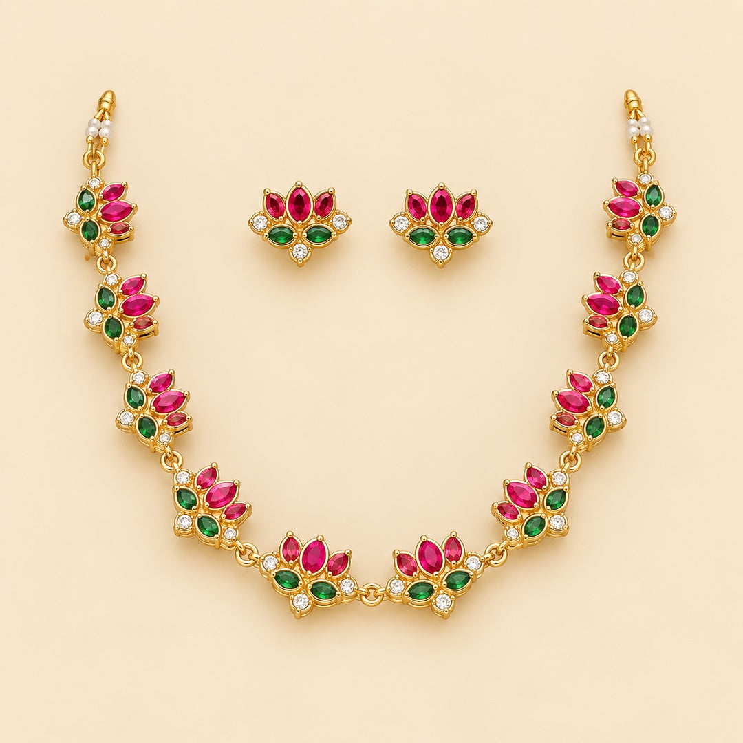Pink Green Lotus Statement Necklace Set