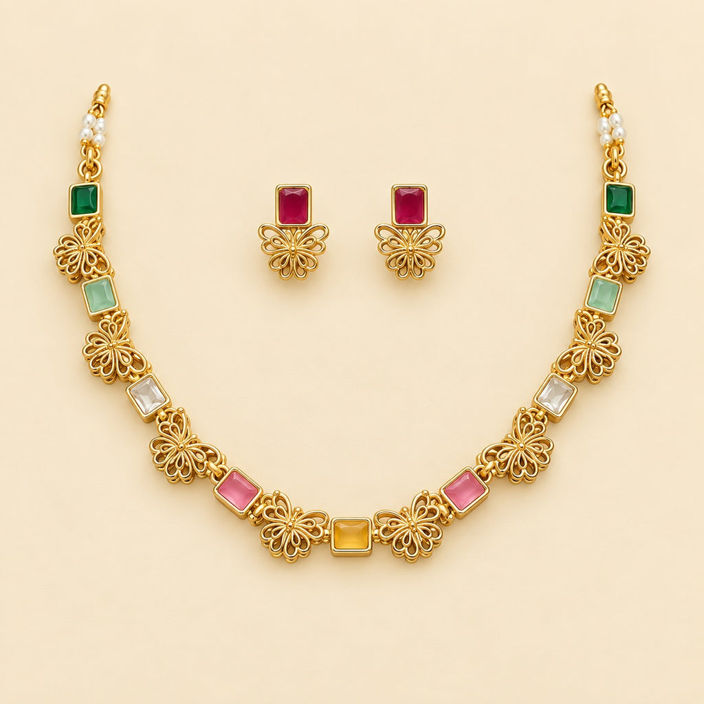 Pink Green Kundan Necklace Set