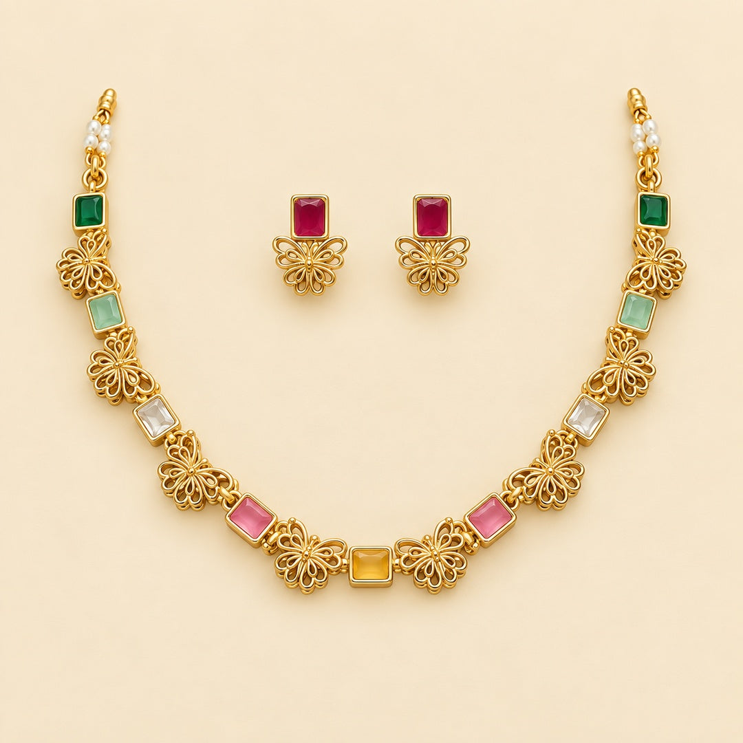 Pink Green Kundan Necklace Set