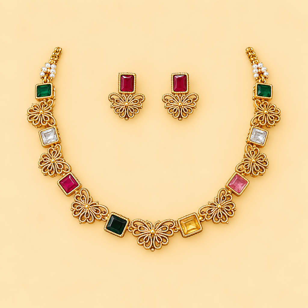 Pink Green Kundan Necklace Set