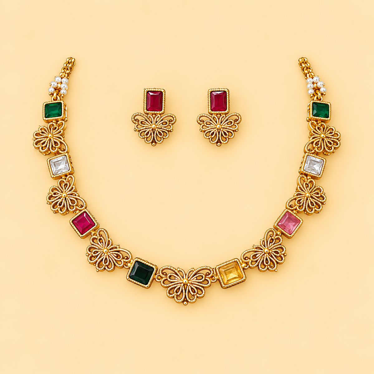 Pink Green Kundan Necklace Set