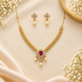 Ruby Pendant Gold Tone Necklace Set
