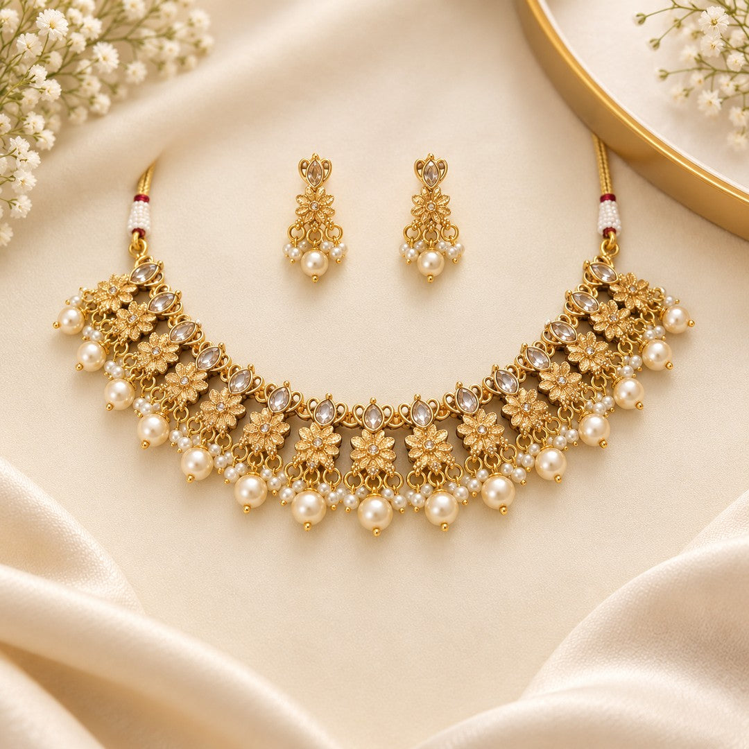 Traditional Gold Tone Pearl Choker Necklace Set