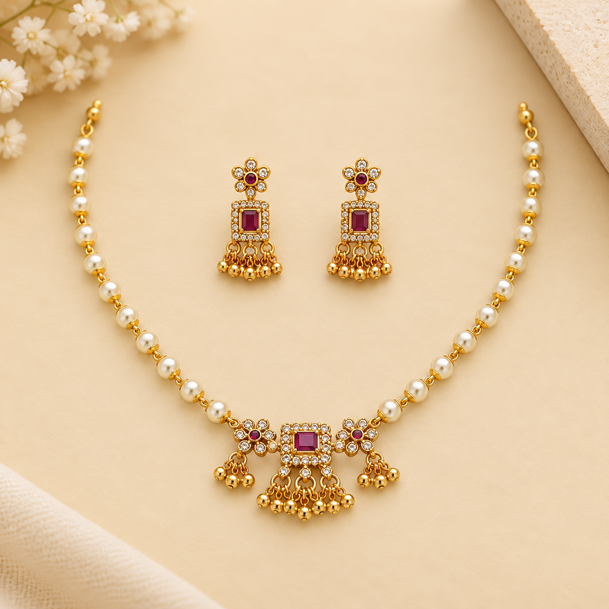 Pearl and Ruby Traditional Gold Tone Necklace Set