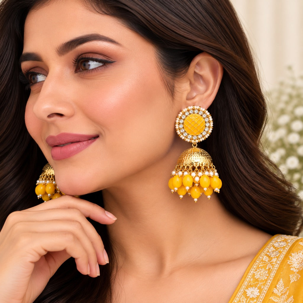 Yellow Beaded Gold-Tone Jhumka Earrings